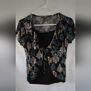 Black and Teal Floral Damask Print Women's Top Petite Medium